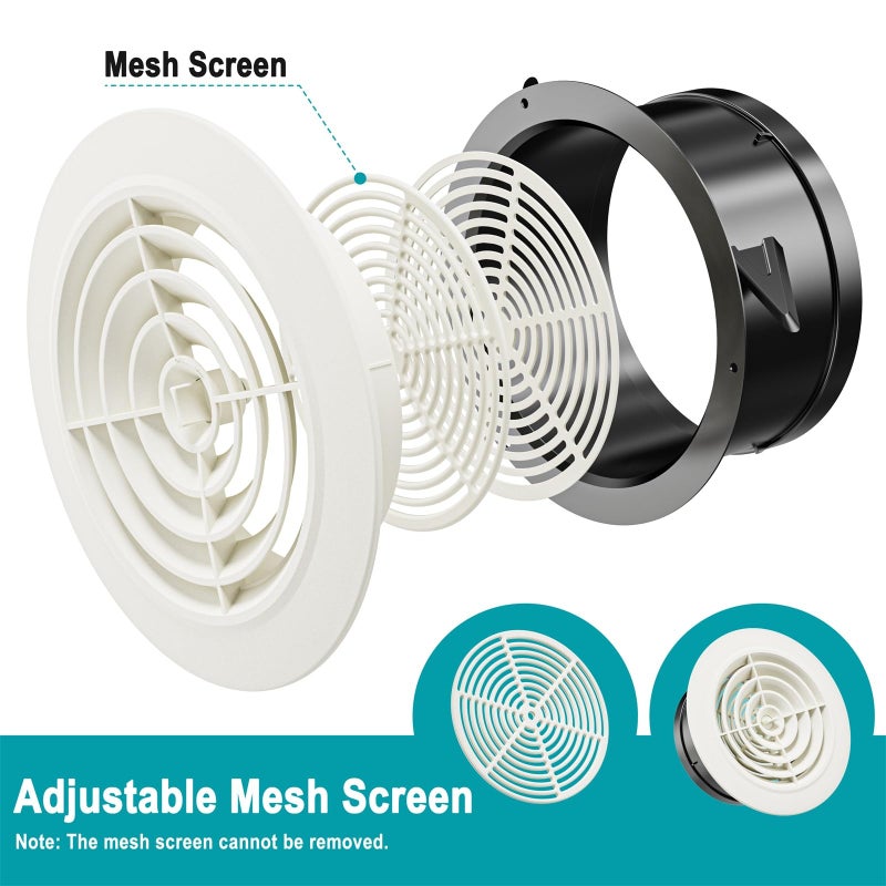 HG POWER 6 Inch Soffit Ventï¼ŒRound Air Vent Cover with Louver, ABS Adjustable Ceiling Vent Covers for Living Room, Bathroom, Kitchen, Greenhouse, Ventilation System, White - Opening Size 5.75" - Image 2